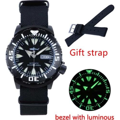 Heimdallr Mens Black Monster Diver Watch PVD Case Luminous Sapphire 200M Water Resistance NH36A Automatic Mechanical Wristwatch