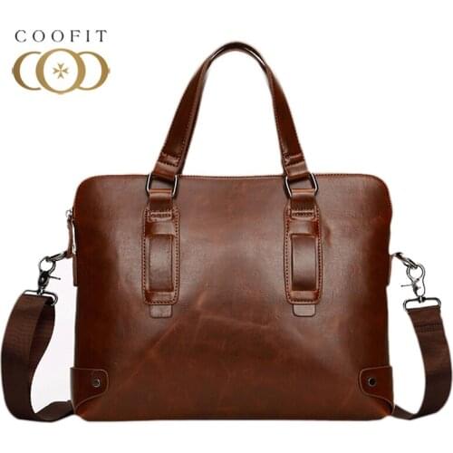 Coofit Business Briefcase Mens Leather 14-Inch Laptop Tablet Briefcase Shoulder Messenger Bag For Business Men Male Handbag Sac