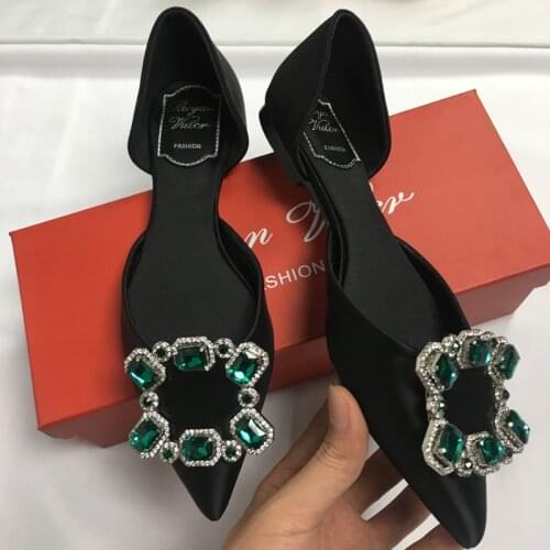 New Pointed Toe Satin Pumps Women Rhinestone Square Buckle Hollow Shoes Party Bride Wedding Shoes Women Femmes Chaussure