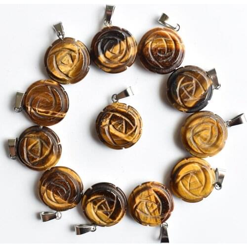 Wholesale 12pcs/lot fashion hot-selling natural tiger eye stone Rose flower charms pendants for jewelry making free shipping