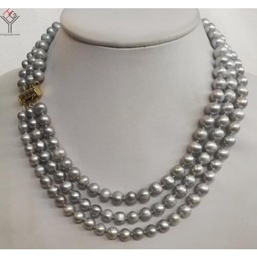Women Jewelry 3 strands necklace 8x9mm gray pearl handmade necklace gold color clasp natural freshwater cultured pearl