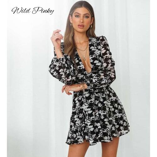 WildPinky 2021 Spring Autumn Vintage Ruffles Print Dress for Women Casual Long Sleeve A Line Dress Slim Female V-Neck Dresses