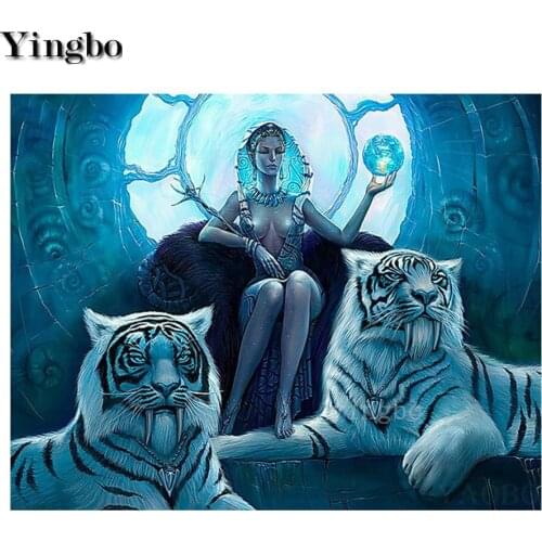 Full Square round Diamond Painting Egypt woman and tiger Diamond Embroidery Flower DIY Diamond Mosaic Rhinestone Picture Pastes