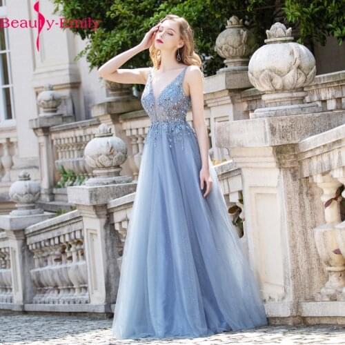 Luxurious Beading Appliques Lace V Neck Women Evening Dress Sexy Spaghetti Strap Zipper Back Tulle Party Wear Dresses for Women