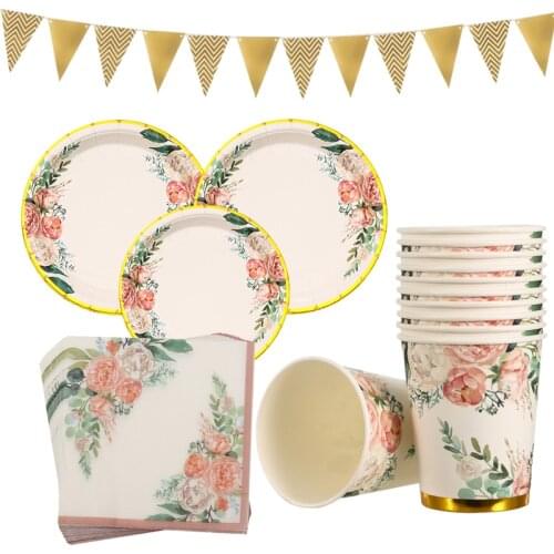 Floral Printing Disposable Party Tableware Tea Party Wedding Decoration Hawaiian Decor Baby Shower Birthday Party Decor Supplies