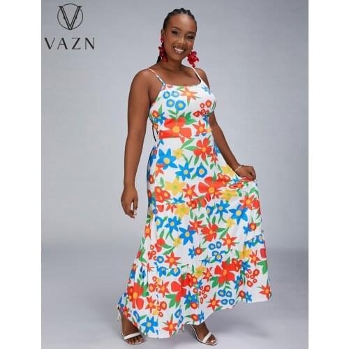 VAZN 2021 Chiffon Fresh Print Plus Size Maxi Long Dress Sexy Spaghetti Strap Sleeveless Young Style Women For Evening Robe