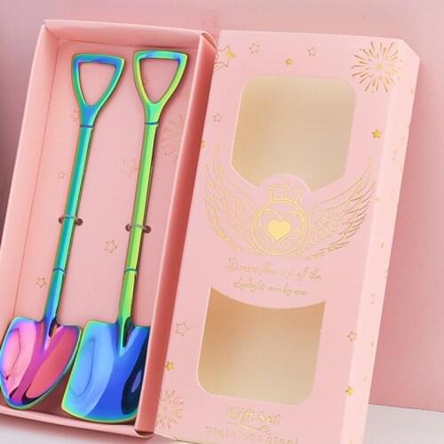 Stainless Steel Iron Shovel Spoon Coffee Ice Cream Spoon Engineering Shovel Retro Cute Square Head Spoon Kitchen Gadget