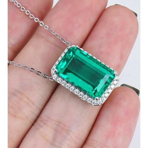 Colombia AAA Solid 14K White Gold Pendant Green Emerald Cut 5ct Halo Moissanite Pendant Necklace for Women