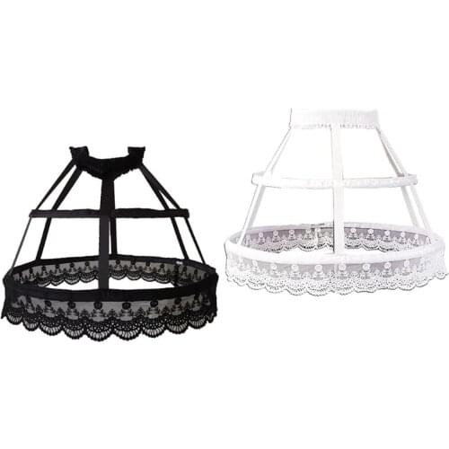 Women Victorian Petticoat 2 Hoops Crinoline Lolita Fishbone Hollow Bird Cage Skirt Embroidery Floral Lace Underskirt