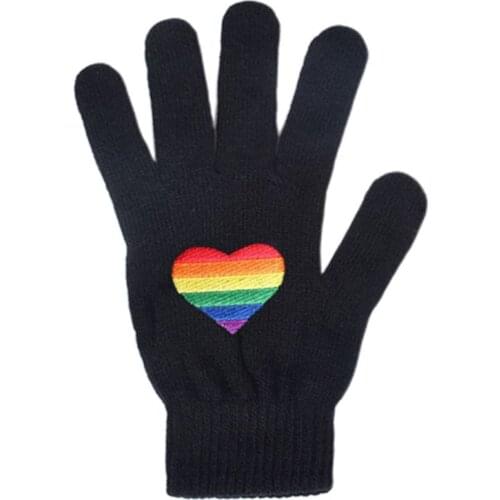 Women Men Winter Knitted Full Fingered Gloves Gay Lesbian Pride Rainbow Stripes Heart Embroidered Hip Hop Warm Thermal
