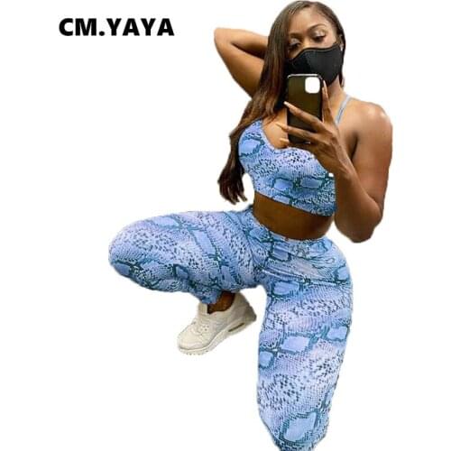 CM.YAYA Women Set Print Sleeveless Bandage Halter Crop Tops Pencil Pants Two 2 Piece Sets Active Tracksuit Sporty Outfit Summer