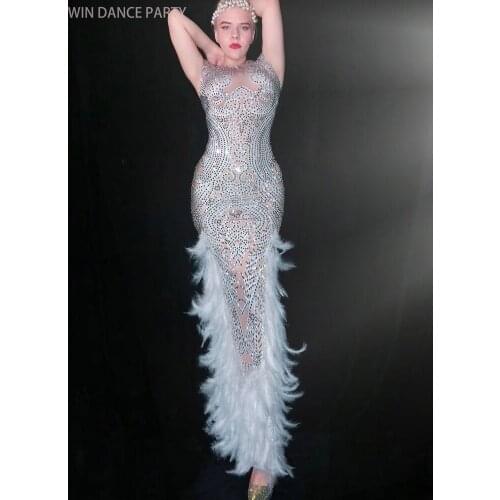 Sexy Bar Birthday Celebrate Outfit Women Singer Dancer DS Dress Prom Show Long Dress With Full Rhinestones Feather Dress