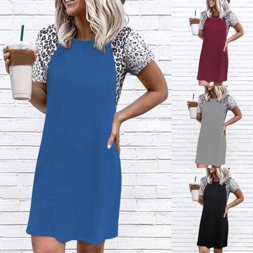 WomenS Fashion Casual Round Neck Leopard Print Stitching Short Sleeve Casual Dress