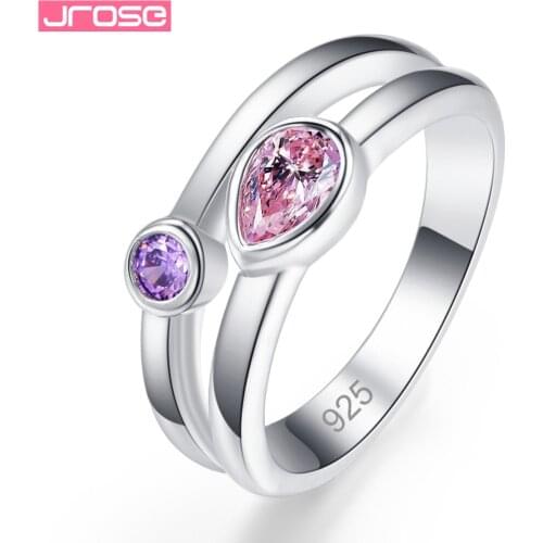 JROSE Wedding Women Bride Pink Red Yellow Purple Cubic Zirconia Fashion Jewelry Silver Ring Size 6 7 8 9 Beautiful Gorgeous Gift