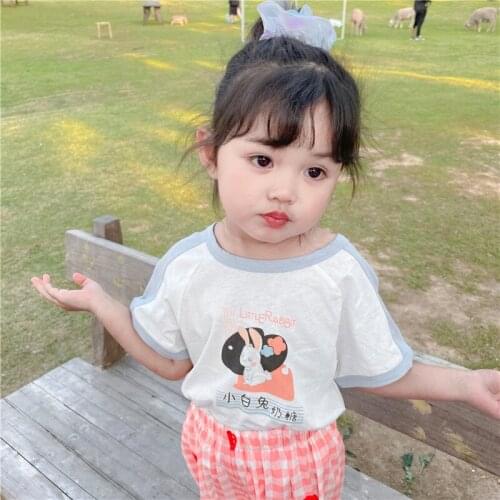 Childrens Summer Retro T Shirt Childhood Taste Cotton Tops for Boys and Girls Bunny Toffee Short-sleeved Contrast T-shirt 2-7Y