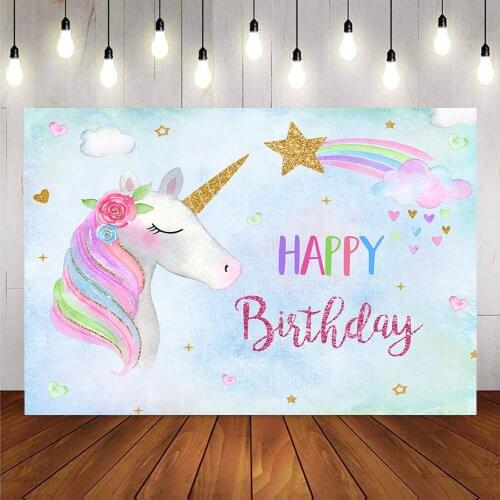 Unicorn backdrop happy birthday party background decoration supplies newborn kids theme background for unicorn birthday girls