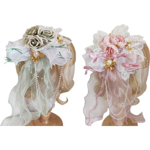 Lolita Girls Sweet Lace Bonnet Top Hat Rose Flower Ribbon Tassels Pearl Chain Flat Cap Anime Kawaii Cosplay Accessories