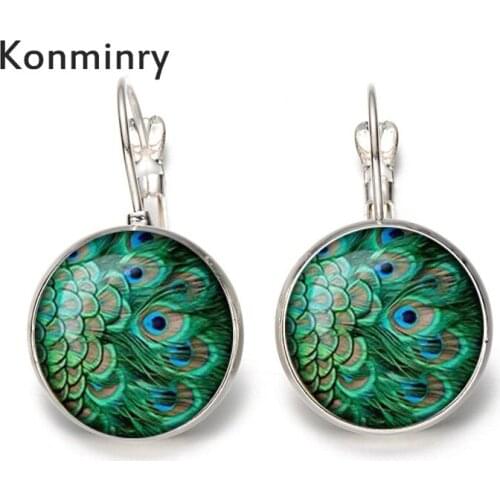 Konminry Ethnic Green Feather Earrings Round Glass Peacock Pattern French Hook Drop Earrings For Women Silver Color Jewelry