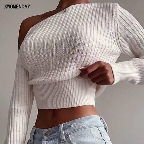 Cropped Sweaters Oblique Collar Ribbed Knitted Black Pullover Jumper Tops One Shoulder Women Clothing 2021 Fall Fashion Knitwear