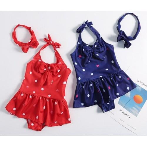 New Girl One Piece Swimsuit Baby Skirt Swimwear Child Red Bow Bathing Suit Cute Maiden Halter Beachwear Dots Bikini Send Ribbon