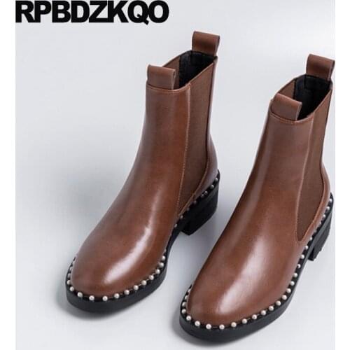 Chelsea Pearl Luxury Brand Shoes Women Short Boots Chunky Plus Size Fashion Brown Slip On 10 Ankle Embellished Big Round Toe Mid