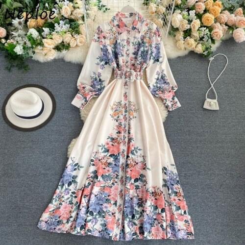 Neploe Single Breasted Split Dress Autumn Chic Sashes Flower Print Dresses Women 2021 Turn-down Collar Slim Waist Vestidos