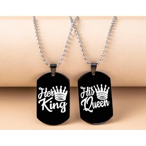 Punk Black Her King His Queen Couple Necklaces Rectangle Stainless Steel Pendant Beads Chain Necklace Gifts For Lovers