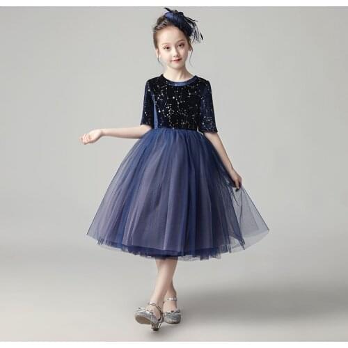 Flower Girl Dress Elegant Illusion Sequined Half Princess Knee-Length Luxury Blue O-Neck Lace Tulle Lovely Kids Party Gown H196