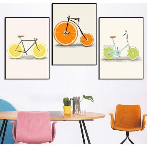 Fruit Bicycle Hanging Painting Nordic Lemon and Orange Kitchen Living Room Canvas Painting Nursery Baby Room Decoration
