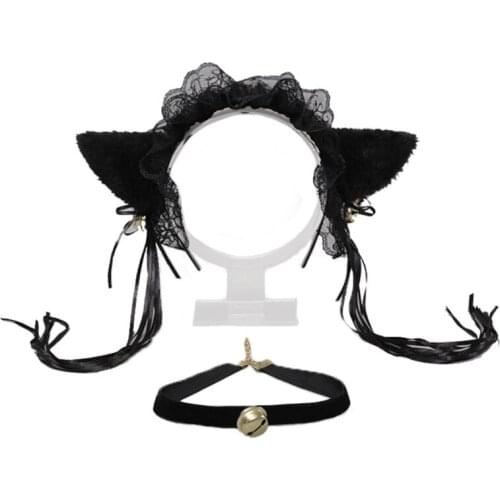 Cat Ears Headband with Bows Tassel Bell Lace Collar Set Cosplay Accessories