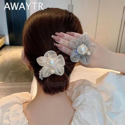 AWAYTR Elegant Large Flower Elastic Hair Bands Fabric Scrunchies Pearl Hair Tie Girls Rhinestone Headbands for Women Headpiece