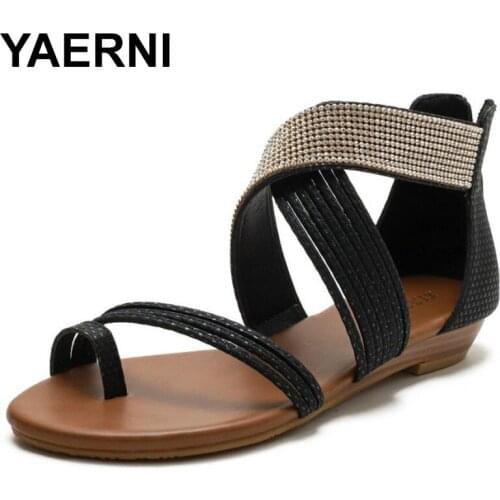 YAERNI Fashion Rhinestones Comfy Slip On Sandals Casual Beach Shoes Summer Shoes For Woman Non-slip Lightweight Rome SandalWomen