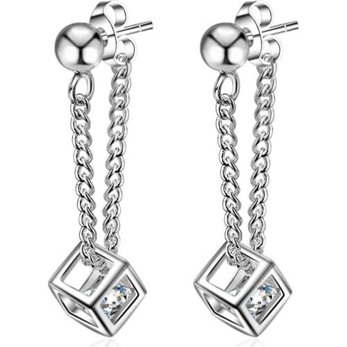Silver Color Fashion Zircon Magic Square Piercing Stud Earrings Female Crystal Chain Tassels Dangle Earrings Statement Jewelry