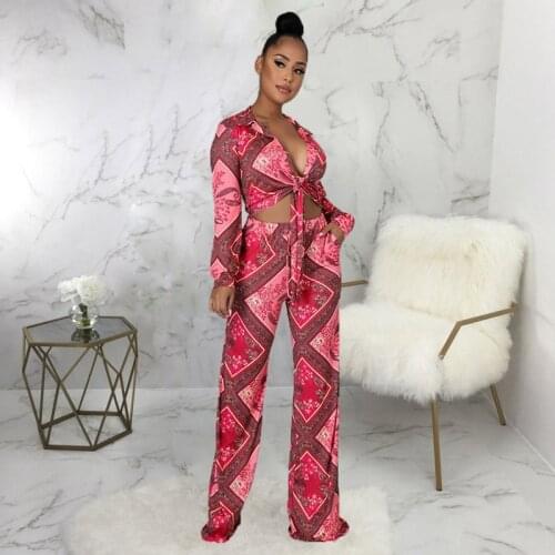 STYLISH LADY Geometric Printed 2 Piece Set 2021 Women Long Sleeve Turn Down Collar Shirt and Pant Set Casual Club Party Outifts