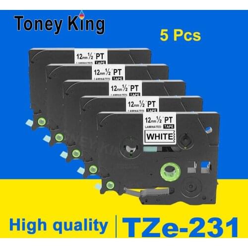 Toney King 5PCS tz231 tze 231 12mm Black on White Label Tape tze-231 tz-231 for Brother p-touch Printer tze131 431 531 631