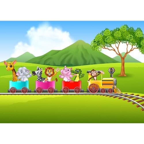 Safari Park Cartoon Animals Train Photography Backdrop Vinyl Background for Baby Children Birthday Party Photoshoot Photo Studio