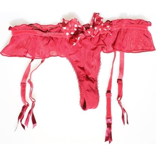 Wine Red Gauze Polka Dot Bow Removable Straps Women/female/lady Garter belts with Thong for Stocking Suspender Belt GA1011