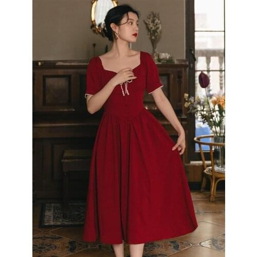 Vintage Red Temperament Dress Women Summer 2021 Short-sleeved Bow Beaded V-neck Sexy Chic Ladies Party Vestido de mujer
