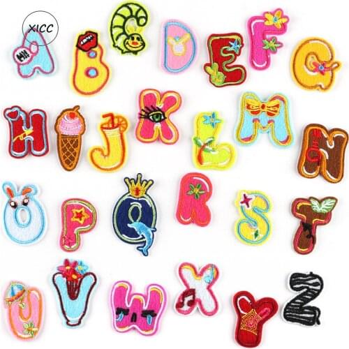 XICC A-Z 26 English Alphabet Letter Fruit Animal Mixed Embroidered Patches Iron On Badge Paste For Clothes Jeans Pants Name DIY