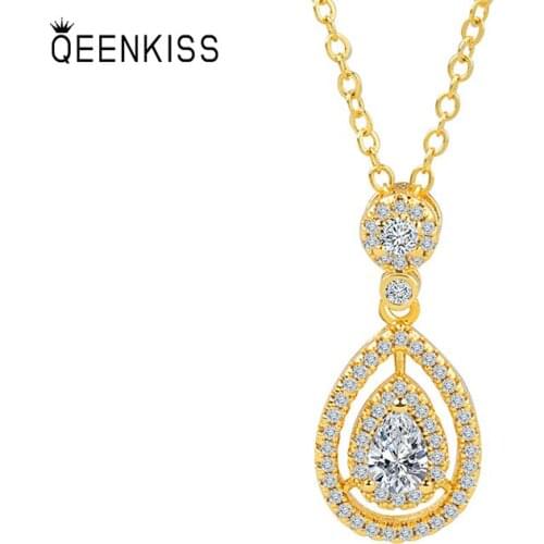 QUEENKISS NC618 Jewelry Wholesale Fashion Lady Girl Birthday Wedding AAA Zircon Water Drop 18KT Gold White Gold Pendant Necklace