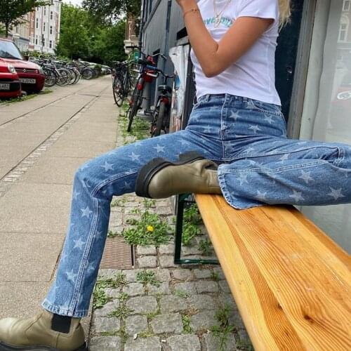 B-TOTO American Retro Light Blue Print Slit High Waist Jeans Womens Straight Leg Pants 2021 New Fashion