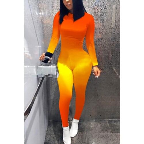 Women Gradient Print Long Sleeve Bodycon Jumpsuit Bandage Skinny Jumpsuit Streetwear Autumn Winter Romper Outfits