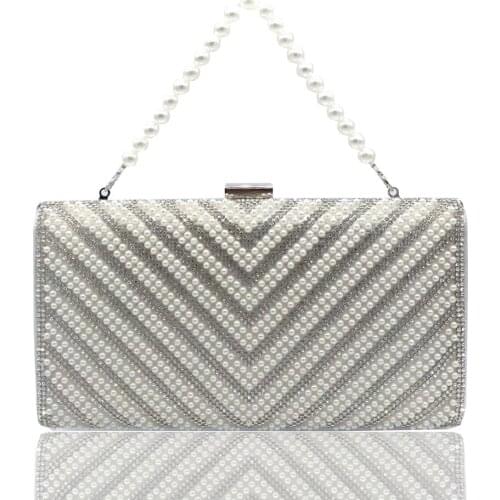 Womens Crystals / Pearls PU Evening Bag Solid Color Silver