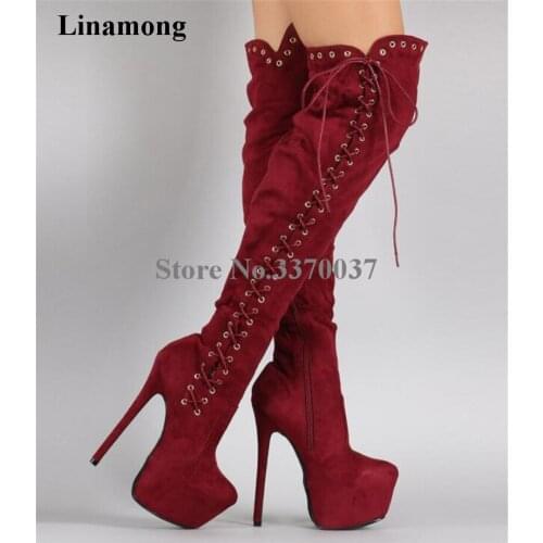 Ladies New Fashion Round Toe Suede Leather Side Lace-up Over Knee High Platform Thin Heel Boots Wine Red Long High Heel Boots