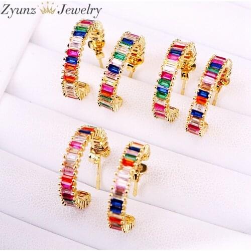 10 Pairs, 18mm, Gold color prong setting rainbow colorful CZ circle Gorgeous fashion women STUD earring