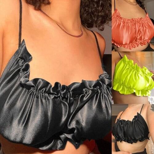 Women Sexy Spaghetti Straps Ruffles Crop Top Satin Shiny Neon Solid Color Ruched Camisole Tied Bandage Backless Vest Bustier Bra