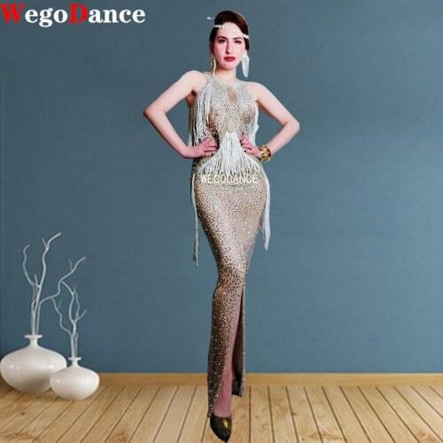 Women New Sparkly Rhinestones Fringes Sexy Dress Sleeveless Tassels Long Singer Prom Party Dresses