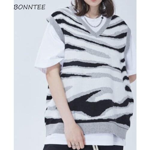 Sweater Vests Womens Knitting Zebra-print V-neck Design Ins Autumn Korean Style Streetwear Students Casual Newest Simple Trendy