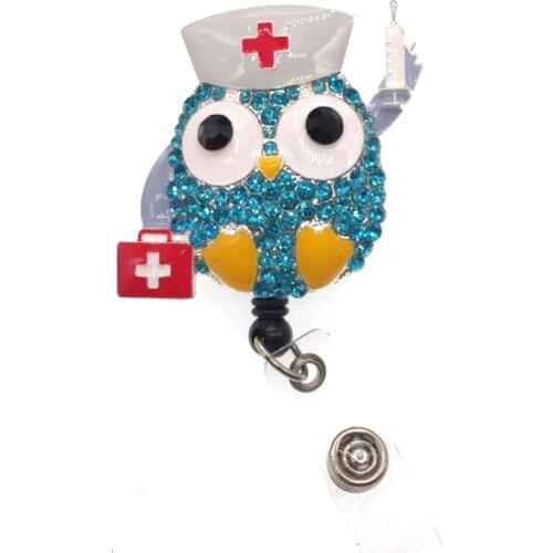 10pcs/lot Fancy Rhinestone sparkly cute nursing medical cute owl animal Retractable ID Badge Holder reel for nurse