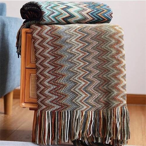 100% Acryl Hand Knitted Blanket Travel Breathable Chic Bohemian Soft Comfortable Blanket with Tassel Summer Blanket Bed Sofa